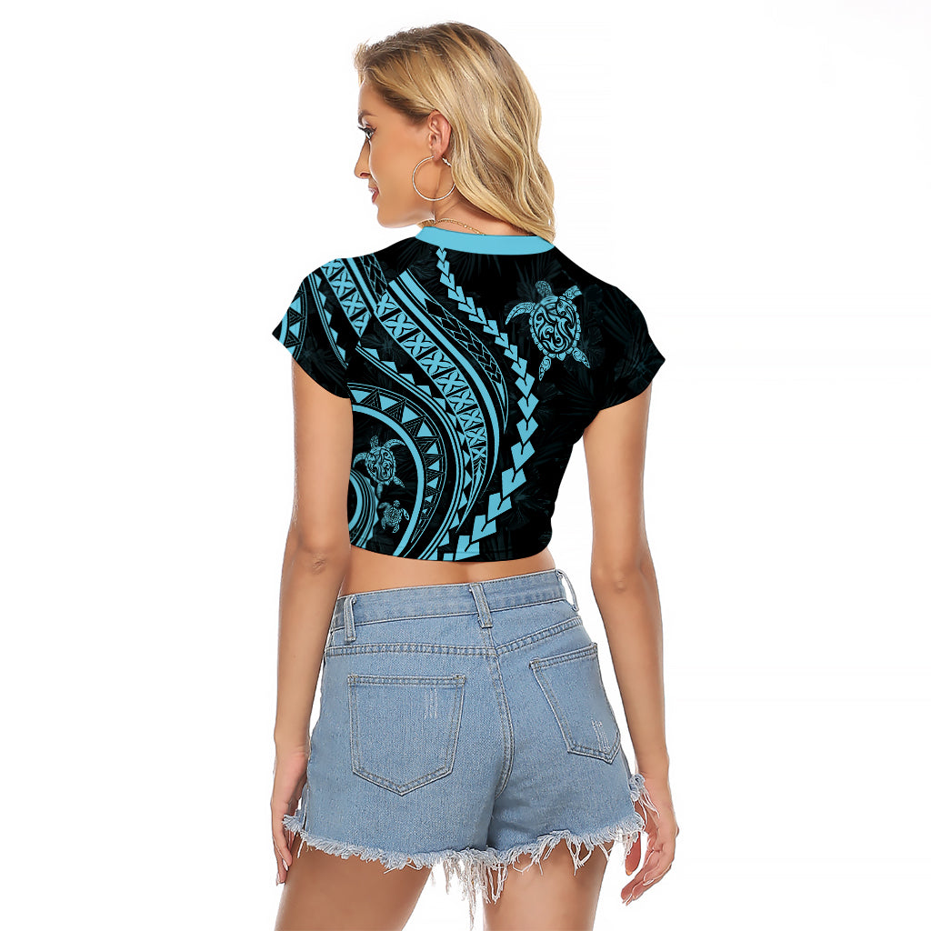 Polynesian Pride Raglan Cropped T Shirt Turtle Hibiscus Luxury Style - Aquamarine - Wonder Print Shop
