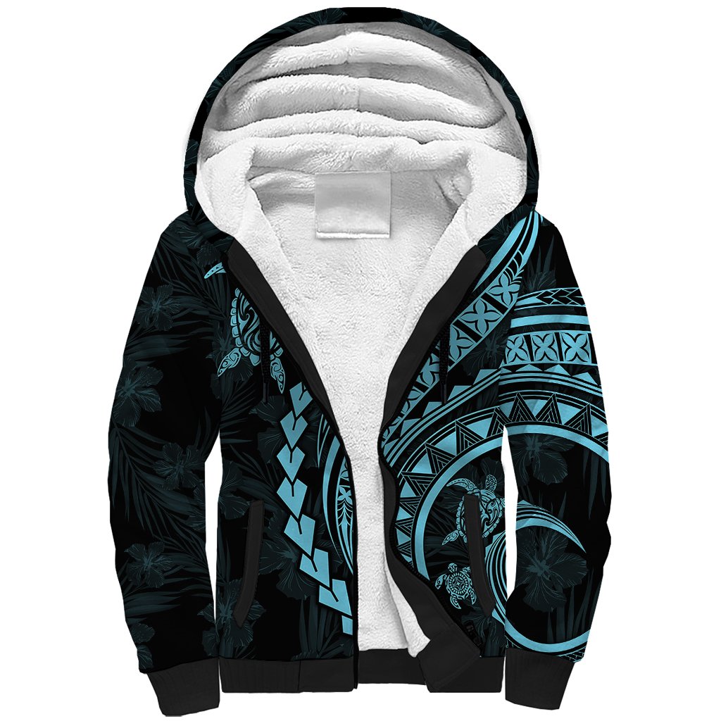Polynesian Pride Sherpa Hoodie Turtle Hibiscus Luxury Style - Aquamarine - Wonder Print Shop
