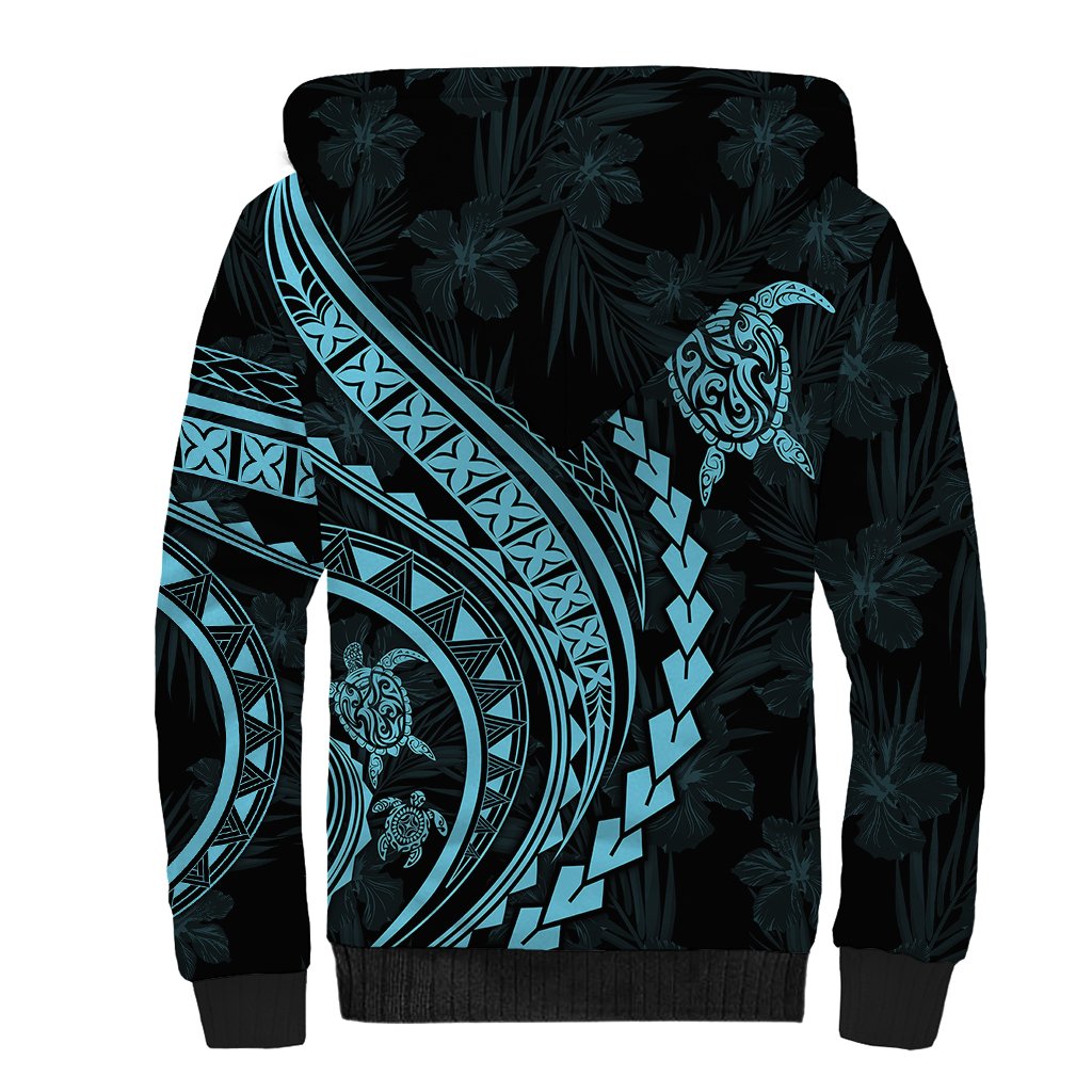 Polynesian Pride Sherpa Hoodie Turtle Hibiscus Luxury Style - Aquamarine - Wonder Print Shop