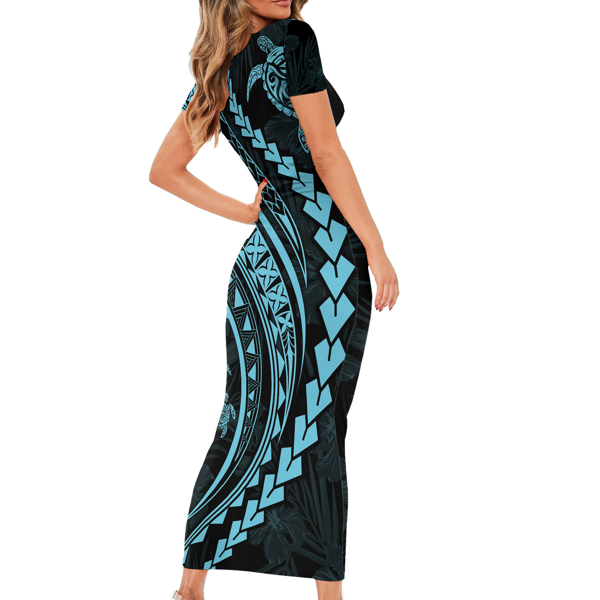 Polynesian Pride Short Sleeve Bodycon Dress Turtle Hibiscus Luxury Style - Aquamarine - Wonder Print Shop