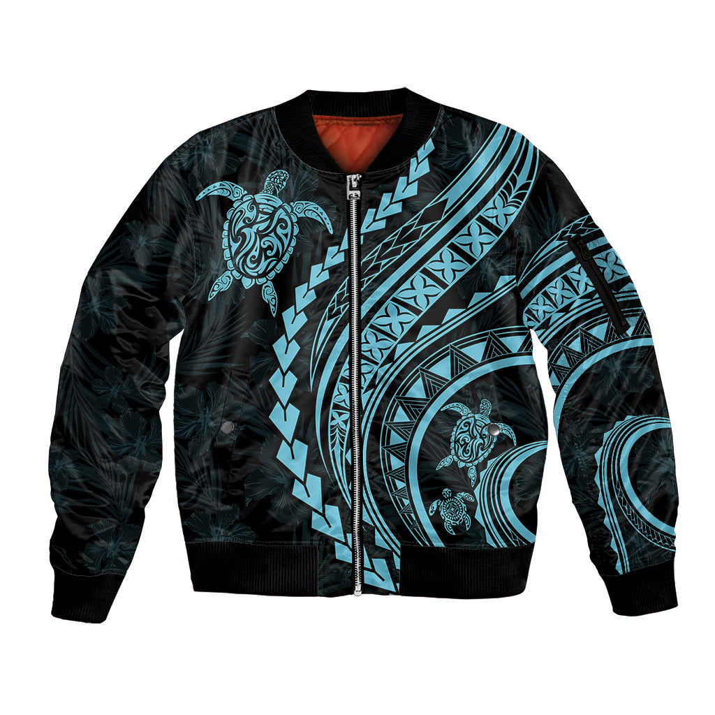 Polynesian Pride Sleeve Zip Bomber Jacket Turtle Hibiscus Luxury Style - Aquamarine - Wonder Print Shop