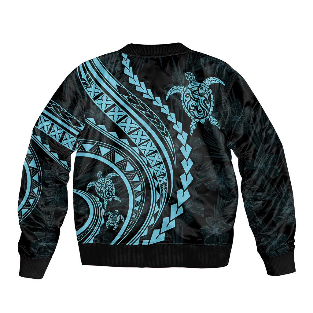 Polynesian Pride Sleeve Zip Bomber Jacket Turtle Hibiscus Luxury Style - Aquamarine - Wonder Print Shop