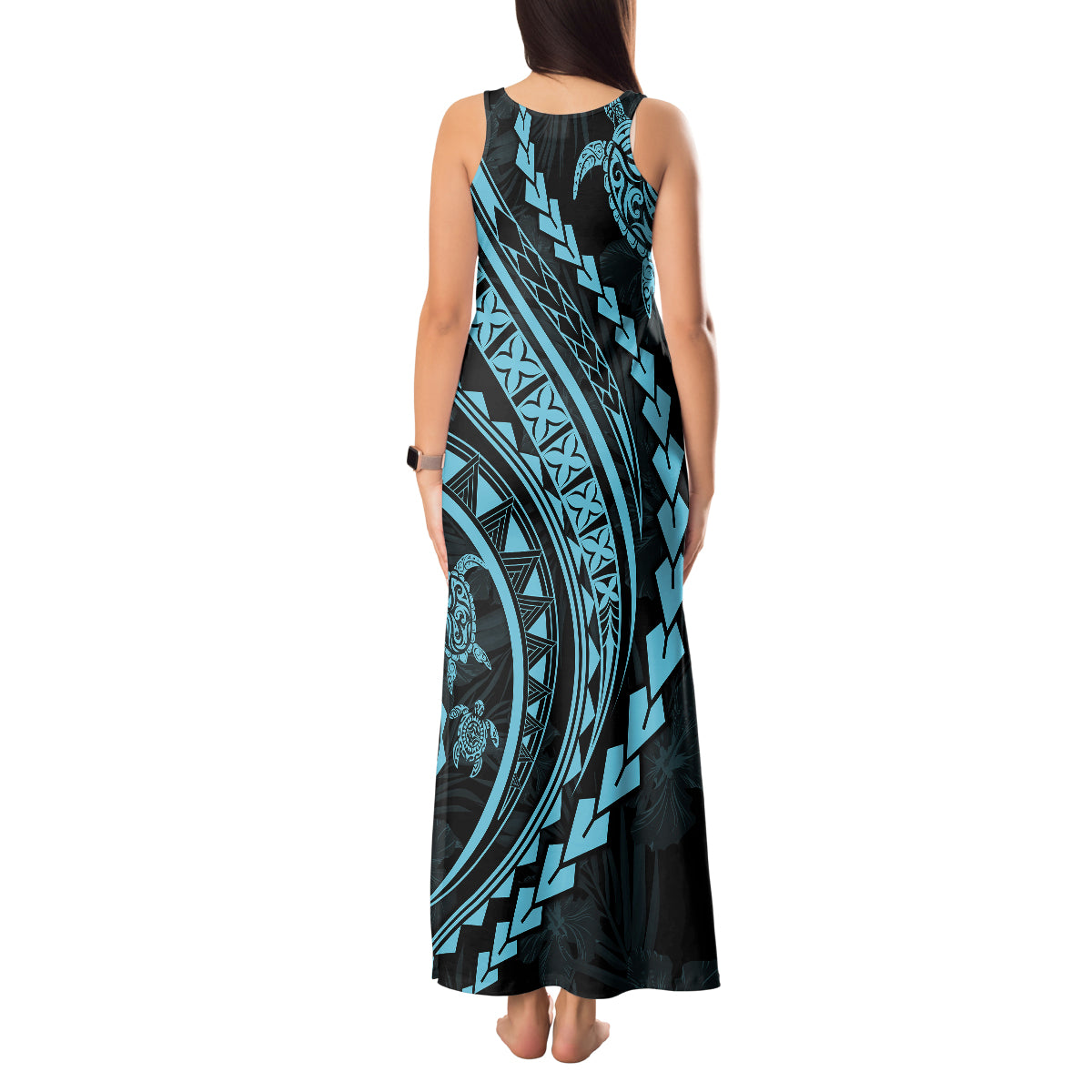 Polynesian Pride Tank Maxi Dress Turtle Hibiscus Luxury Style - Aquamarine - Wonder Print Shop