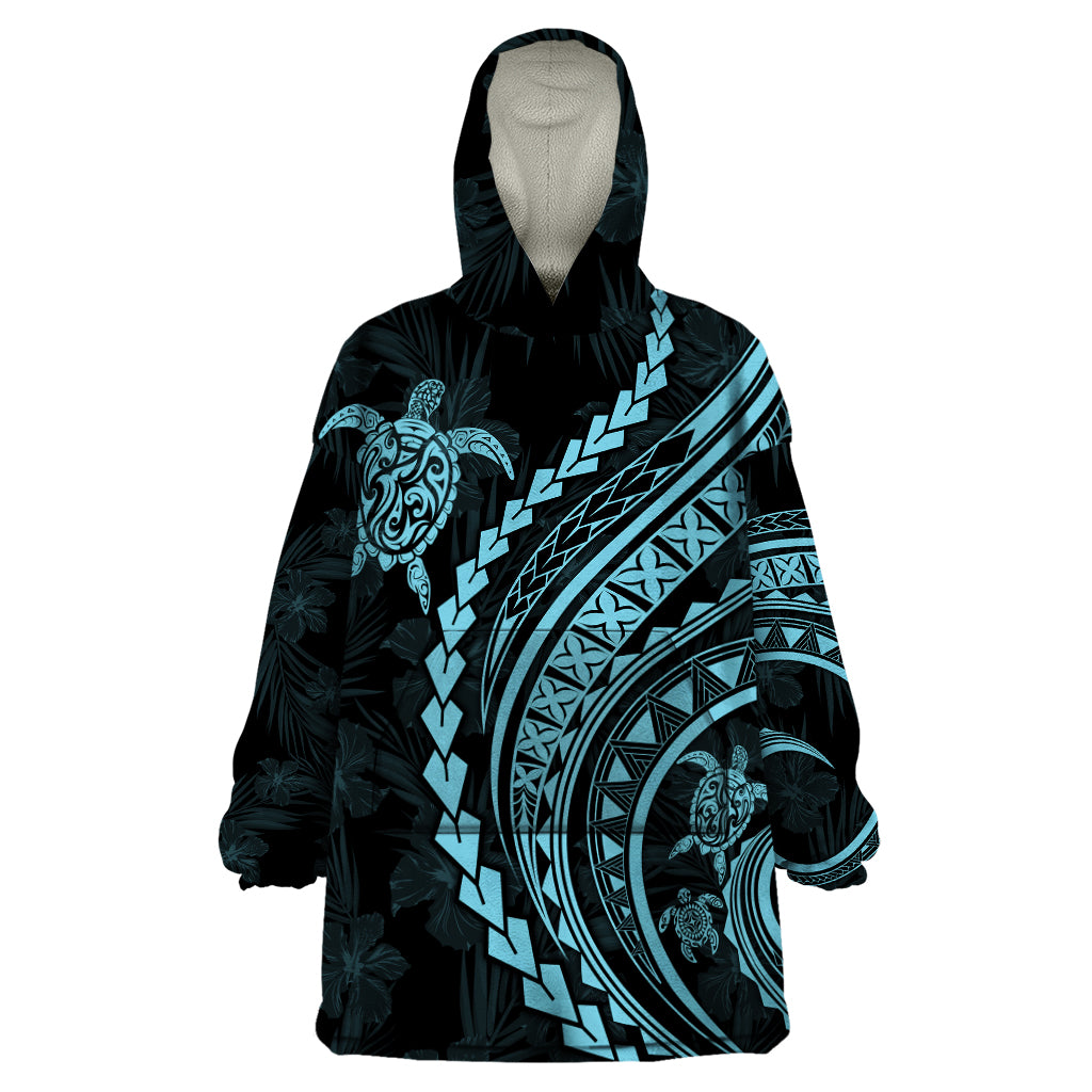 Polynesian Pride Wearable Blanket Hoodie Turtle Hibiscus Luxury Style - Aquamarine - Wonder Print Shop
