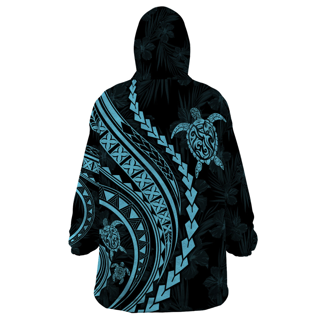 Polynesian Pride Wearable Blanket Hoodie Turtle Hibiscus Luxury Style - Aquamarine - Wonder Print Shop