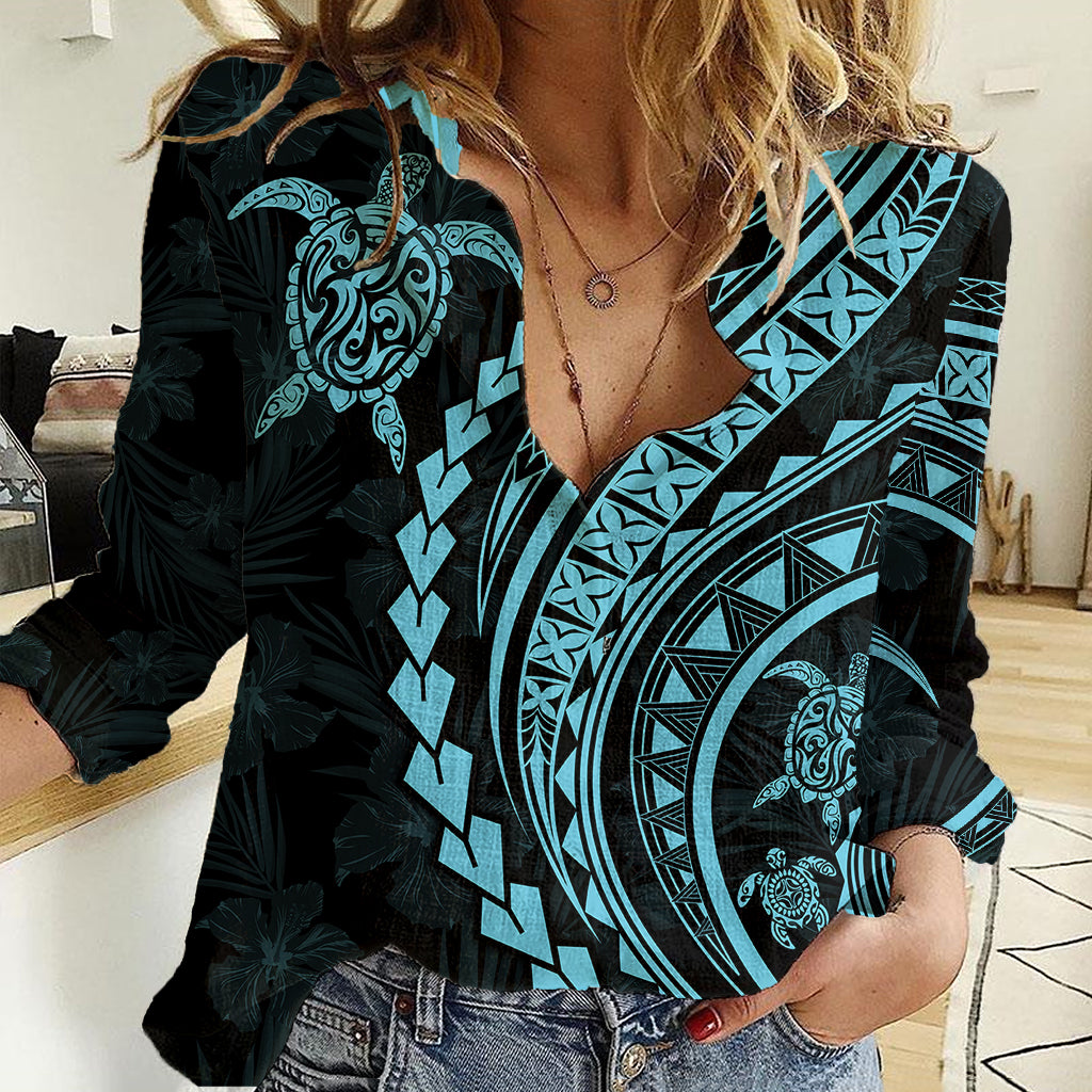 Polynesian Pride Women Casual Shirt Turtle Hibiscus Luxury Style - Aquamarine - Wonder Print Shop