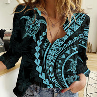 Polynesian Pride Women Casual Shirt Turtle Hibiscus Luxury Style - Aquamarine - Wonder Print Shop