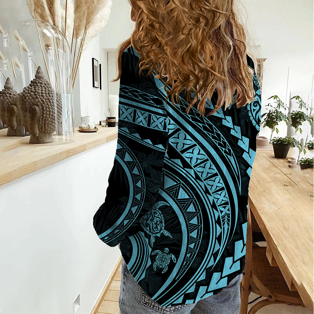 Polynesian Pride Women Casual Shirt Turtle Hibiscus Luxury Style - Aquamarine - Wonder Print Shop