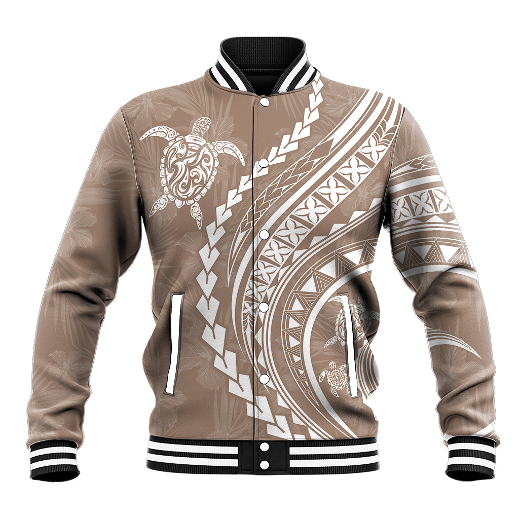 Polynesian Pride Baseball Jacket Turtle Hibiscus Luxury Style - Beige LT7 - Wonder Print Shop