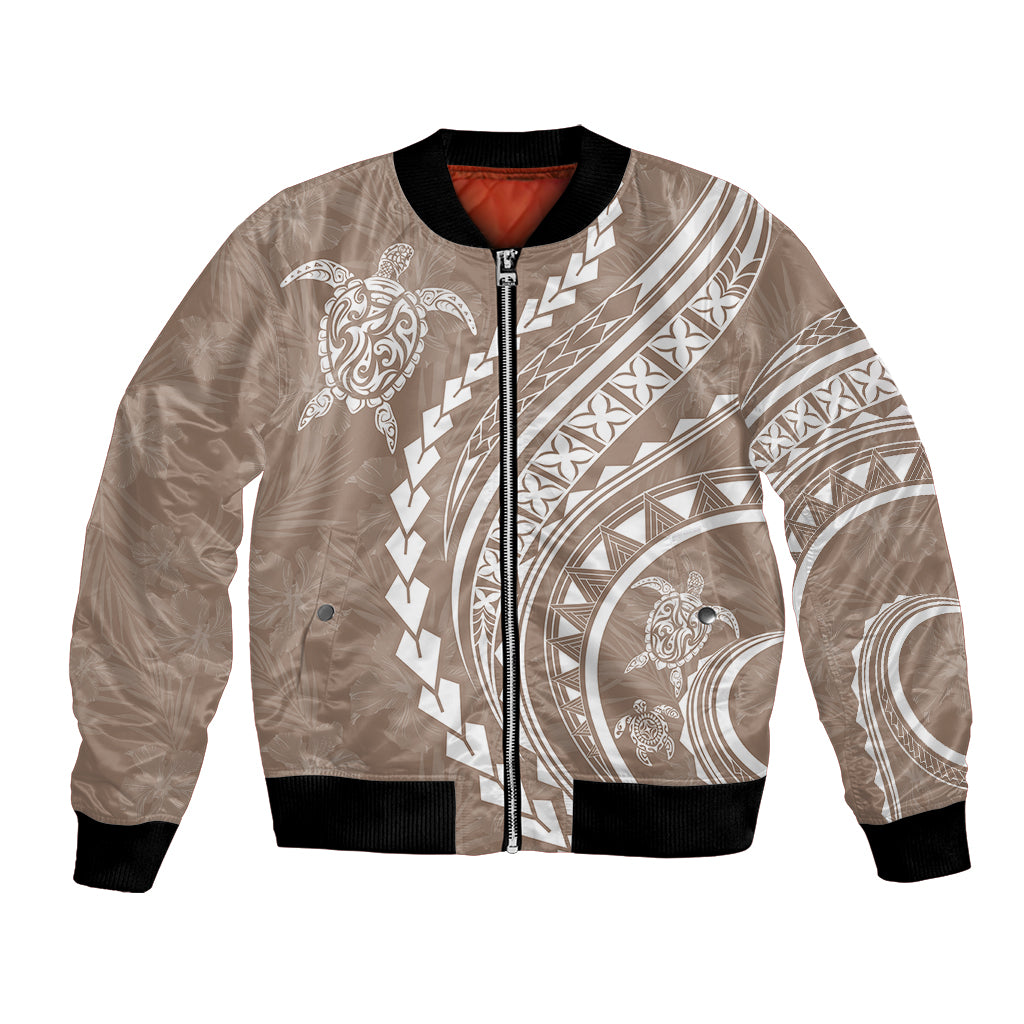 Polynesian Pride Bomber Jacket Turtle Hibiscus Luxury Style - Beige LT7 - Wonder Print Shop