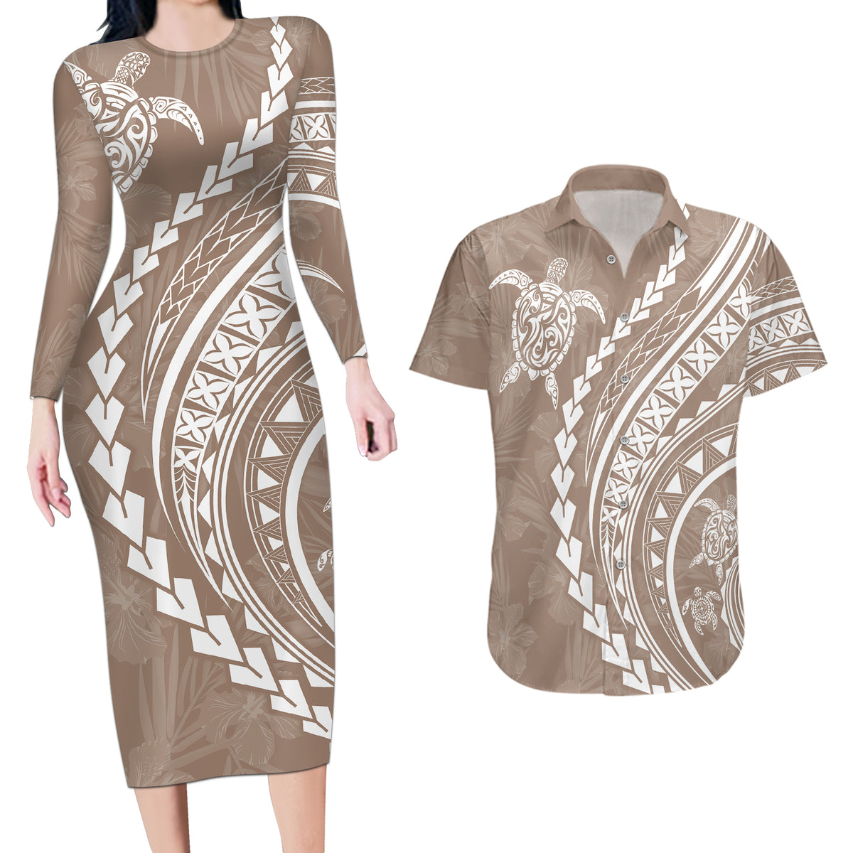 Polynesian Pride Couples Matching Long Sleeve Bodycon Dress and Hawaiian Shirt Turtle Hibiscus Luxury Style - Beige LT7 - Wonder Print Shop
