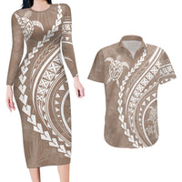 Polynesian Pride Couples Matching Long Sleeve Bodycon Dress and Hawaiian Shirt Turtle Hibiscus Luxury Style - Beige LT7 - Wonder Print Shop