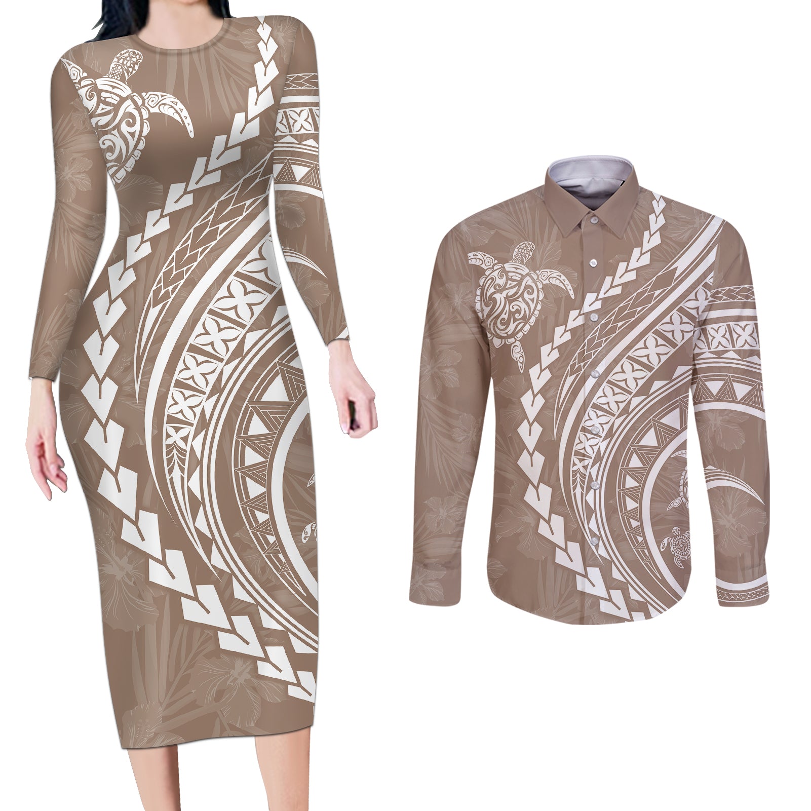Polynesian Pride Couples Matching Long Sleeve Bodycon Dress and Long Sleeve Button Shirts Turtle Hibiscus Luxury Style - Beige LT7 - Wonder Print Shop