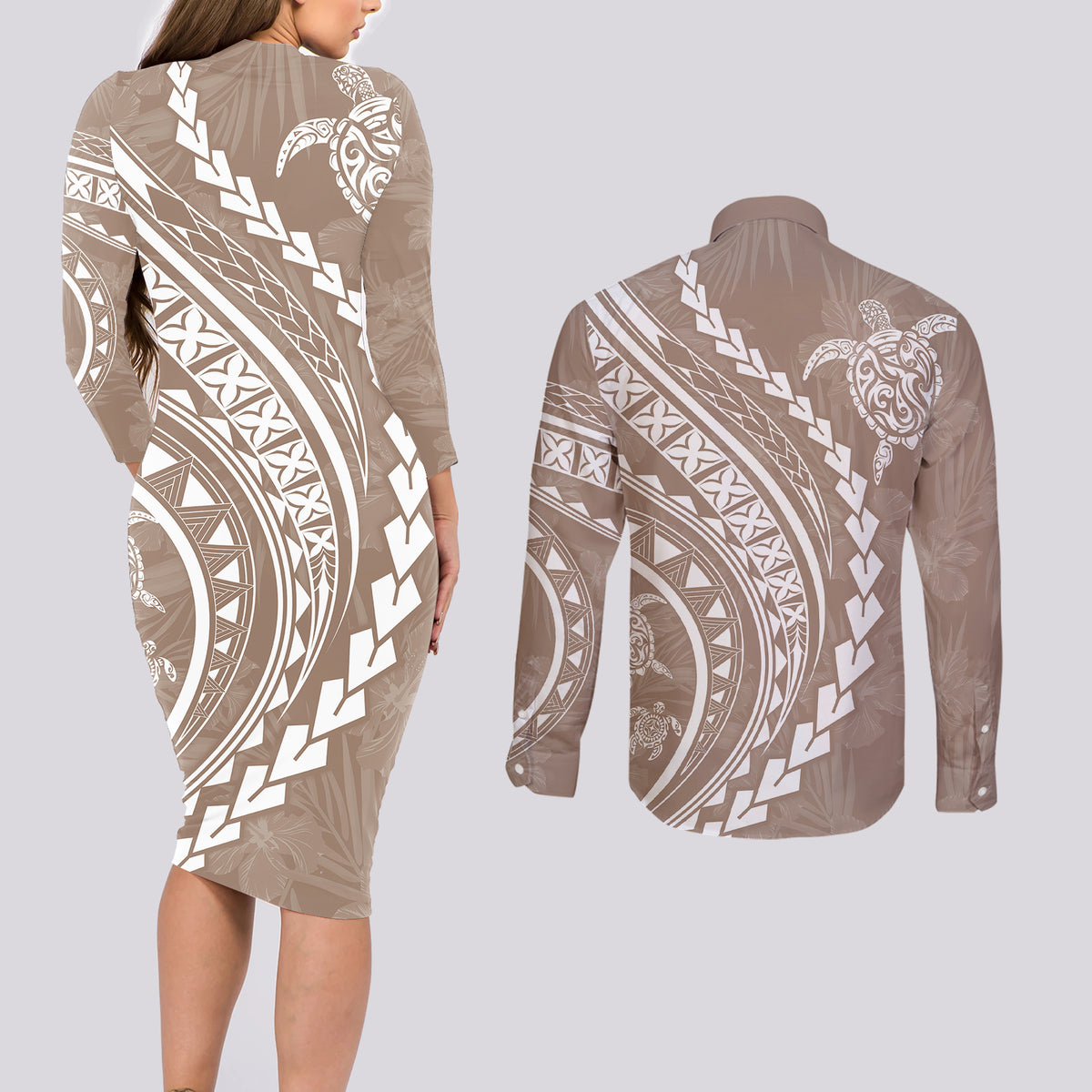 Polynesian Pride Couples Matching Long Sleeve Bodycon Dress and Long Sleeve Button Shirts Turtle Hibiscus Luxury Style - Beige LT7 - Wonder Print Shop