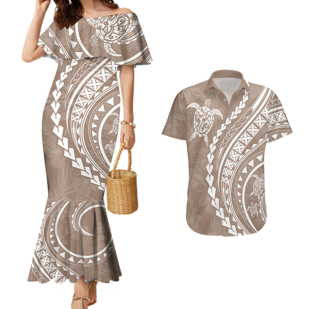 Polynesian Pride Couples Matching Mermaid Dress and Hawaiian Shirt Turtle Hibiscus Luxury Style - Beige LT7 - Wonder Print Shop