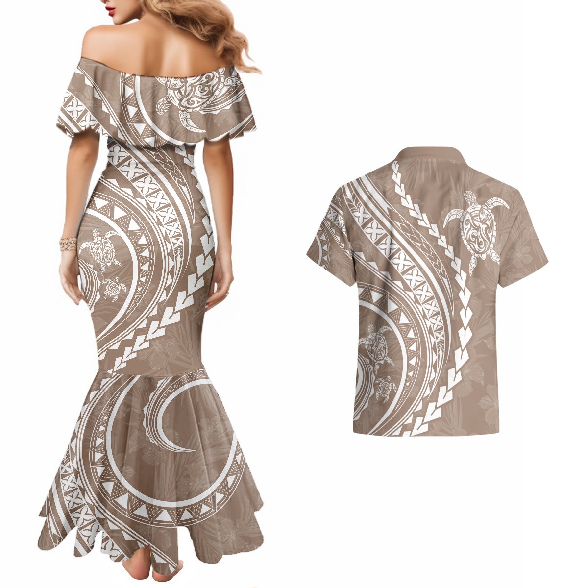 Polynesian Pride Couples Matching Mermaid Dress and Hawaiian Shirt Turtle Hibiscus Luxury Style - Beige LT7 - Wonder Print Shop