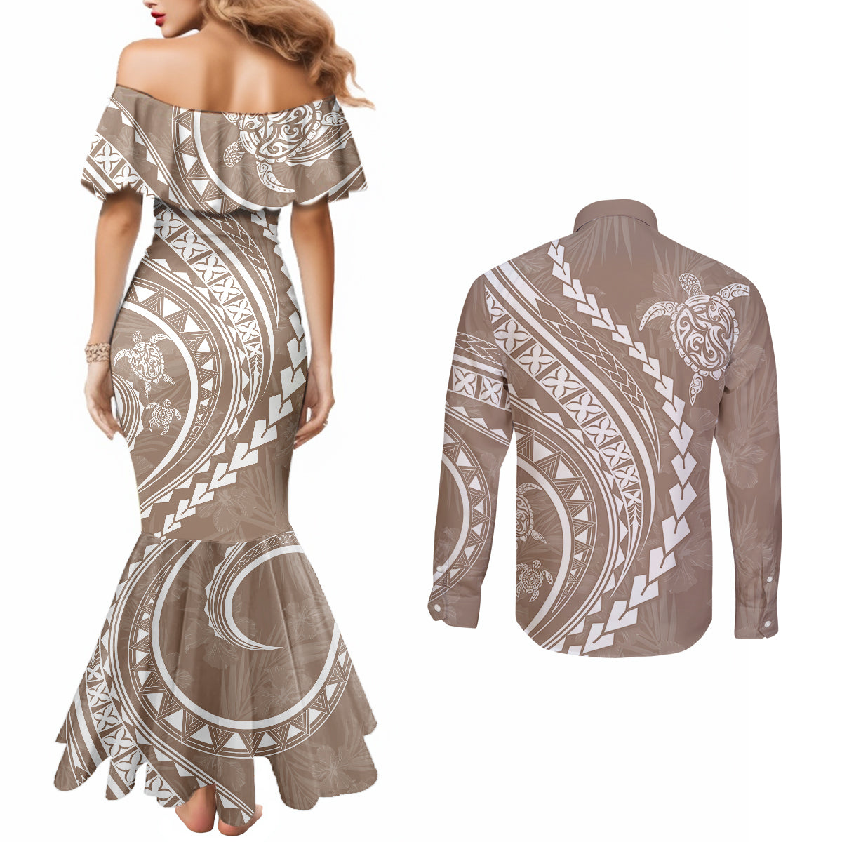 polynesian-pride-couples-matching-mermaid-dress-and-long-sleeve-button-shirts-turtle-hibiscus-luxury-style-beige