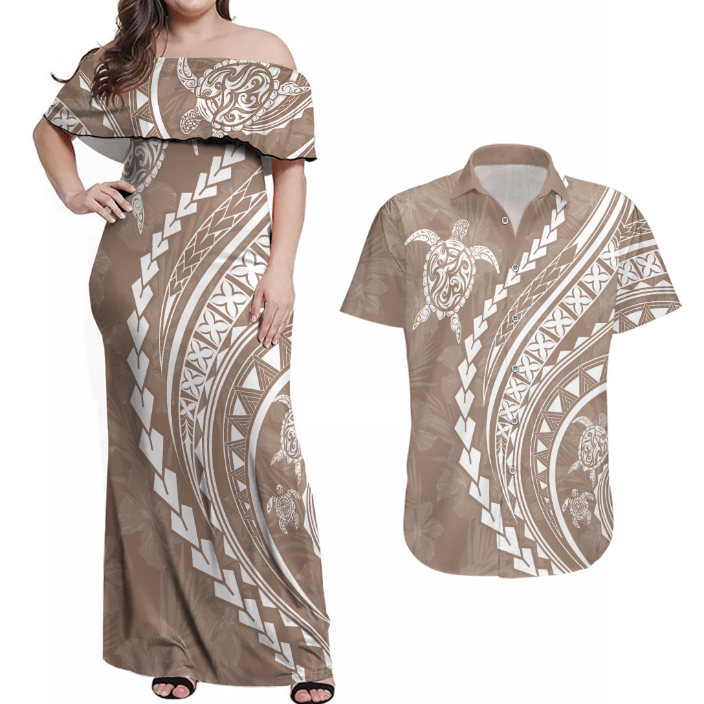 Polynesian Pride Couples Matching Off Shoulder Maxi Dress and Hawaiian Shirt Turtle Hibiscus Luxury Style - Beige LT7 - Wonder Print Shop