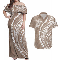 Polynesian Pride Couples Matching Off Shoulder Maxi Dress and Hawaiian Shirt Turtle Hibiscus Luxury Style - Beige LT7 - Wonder Print Shop