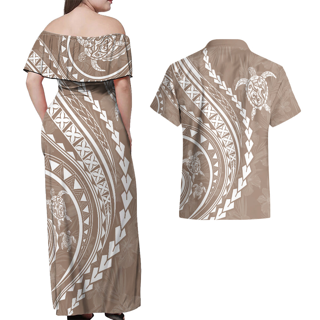 Polynesian Pride Couples Matching Off Shoulder Maxi Dress and Hawaiian Shirt Turtle Hibiscus Luxury Style - Beige LT7 - Wonder Print Shop