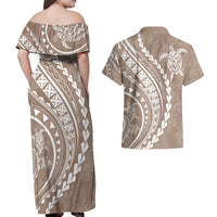 Polynesian Pride Couples Matching Off Shoulder Maxi Dress and Hawaiian Shirt Turtle Hibiscus Luxury Style - Beige LT7 - Wonder Print Shop