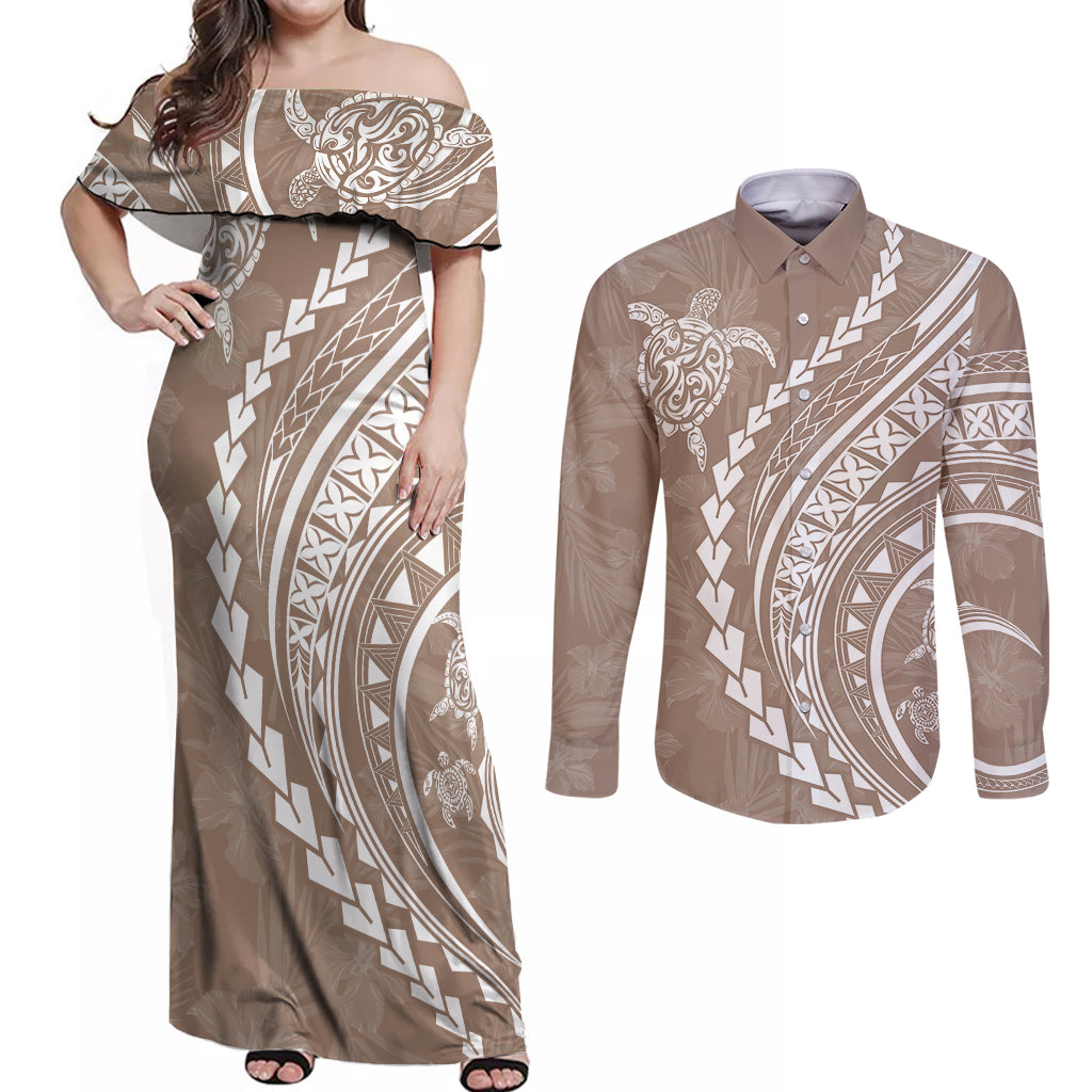 Polynesian Pride Couples Matching Off Shoulder Maxi Dress and Long Sleeve Button Shirts Turtle Hibiscus Luxury Style - Beige LT7 - Wonder Print Shop