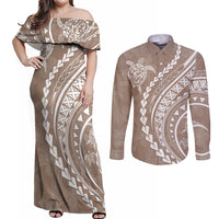 Polynesian Pride Couples Matching Off Shoulder Maxi Dress and Long Sleeve Button Shirts Turtle Hibiscus Luxury Style - Beige LT7 - Wonder Print Shop