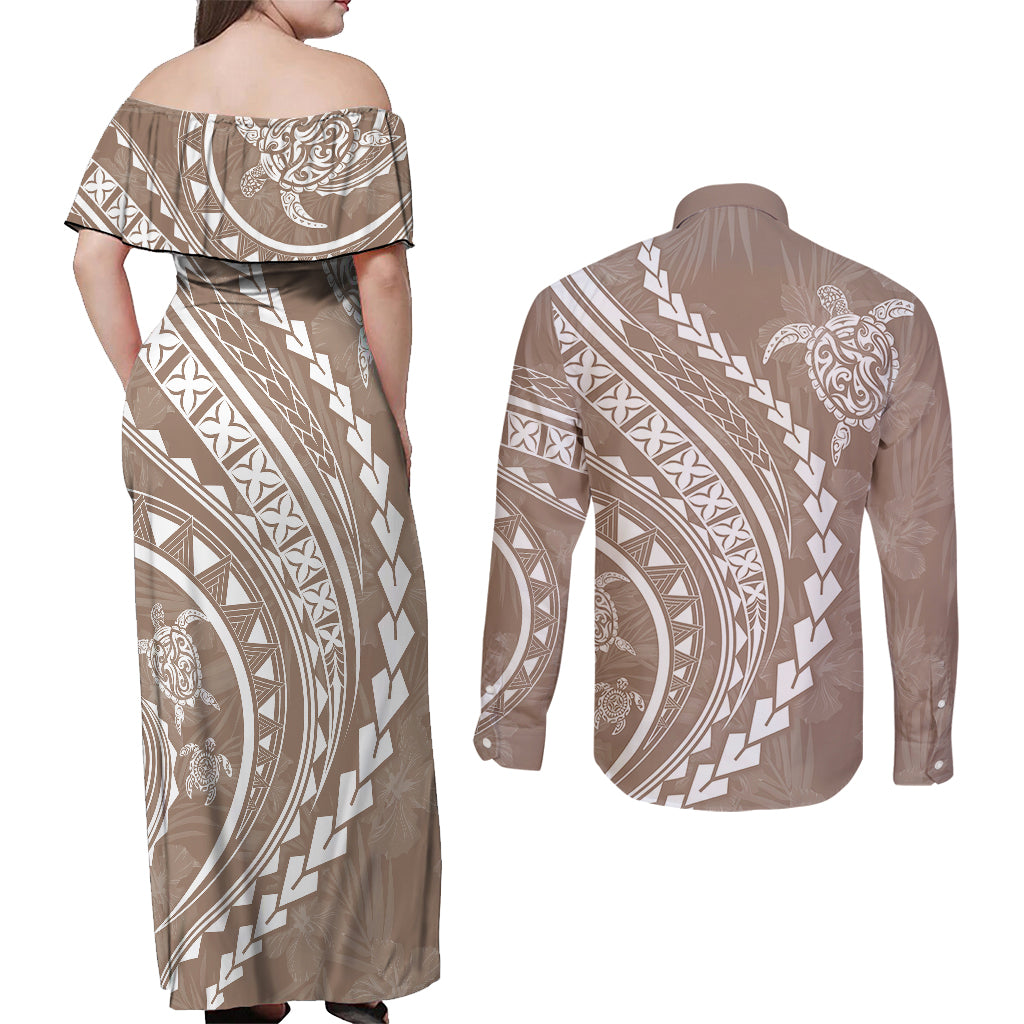 Polynesian Pride Couples Matching Off Shoulder Maxi Dress and Long Sleeve Button Shirts Turtle Hibiscus Luxury Style - Beige LT7 - Wonder Print Shop