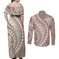 Polynesian Pride Couples Matching Off Shoulder Maxi Dress and Long Sleeve Button Shirts Turtle Hibiscus Luxury Style - Beige LT7 - Wonder Print Shop