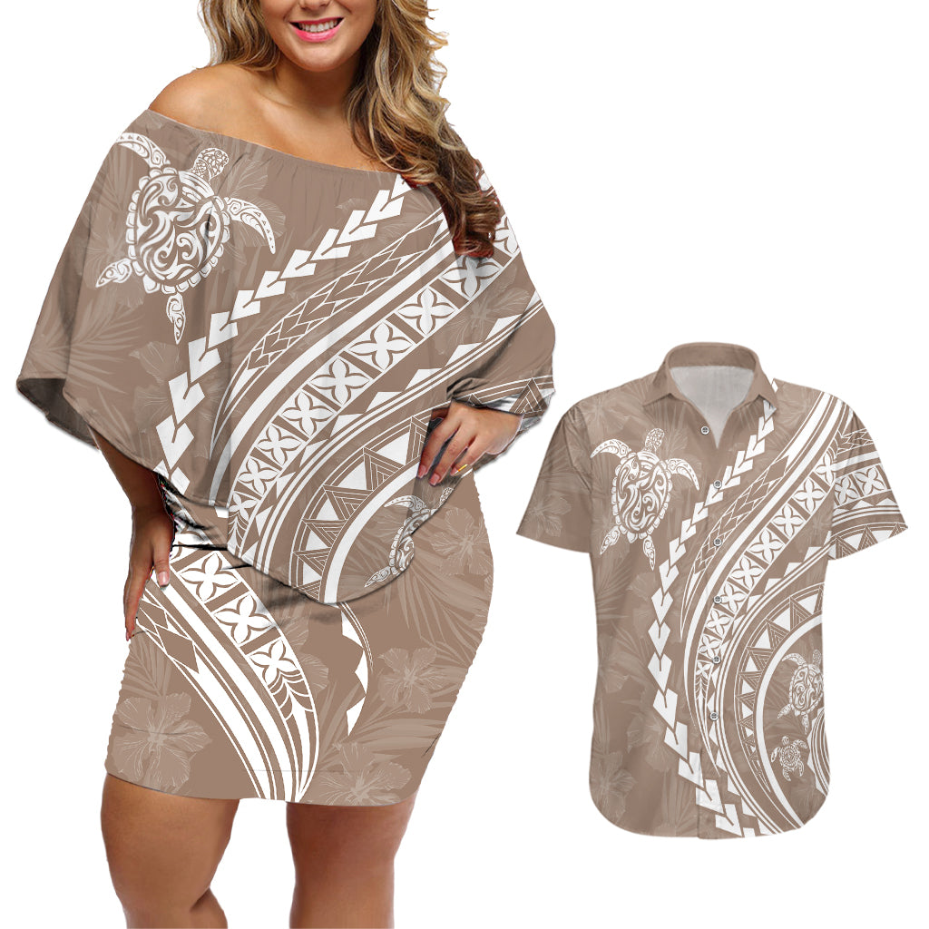 Polynesian Pride Couples Matching Off Shoulder Short Dress and Hawaiian Shirt Turtle Hibiscus Luxury Style - Beige LT7 - Wonder Print Shop