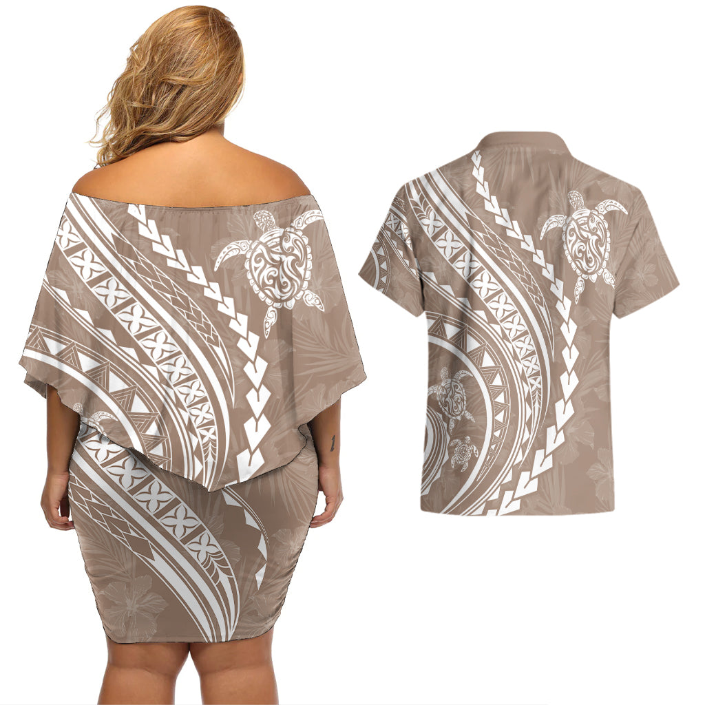 Polynesian Pride Couples Matching Off Shoulder Short Dress and Hawaiian Shirt Turtle Hibiscus Luxury Style - Beige LT7 - Wonder Print Shop