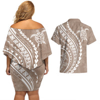 Polynesian Pride Couples Matching Off Shoulder Short Dress and Hawaiian Shirt Turtle Hibiscus Luxury Style - Beige LT7 - Wonder Print Shop