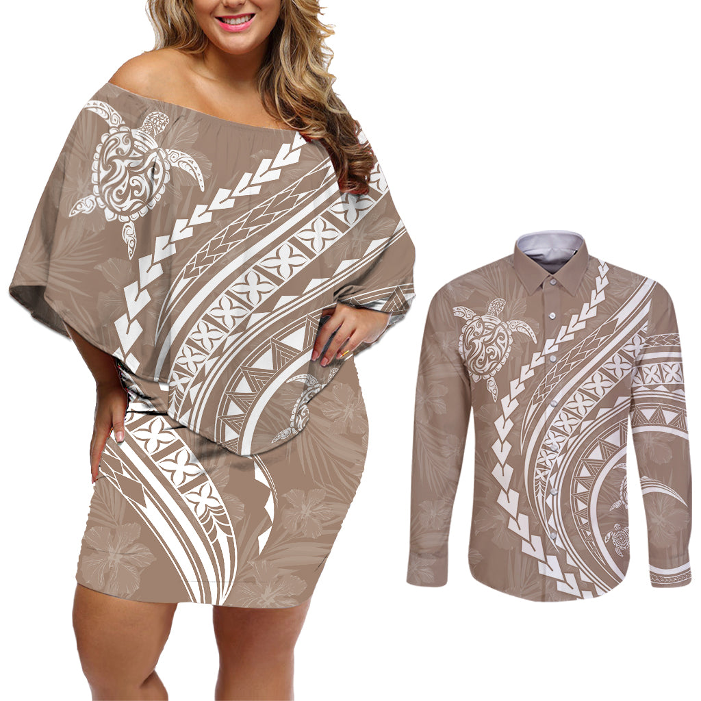 Polynesian Pride Couples Matching Off Shoulder Short Dress and Long Sleeve Button Shirts Turtle Hibiscus Luxury Style - Beige LT7 - Wonder Print Shop