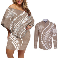 Polynesian Pride Couples Matching Off Shoulder Short Dress and Long Sleeve Button Shirts Turtle Hibiscus Luxury Style - Beige LT7 - Wonder Print Shop
