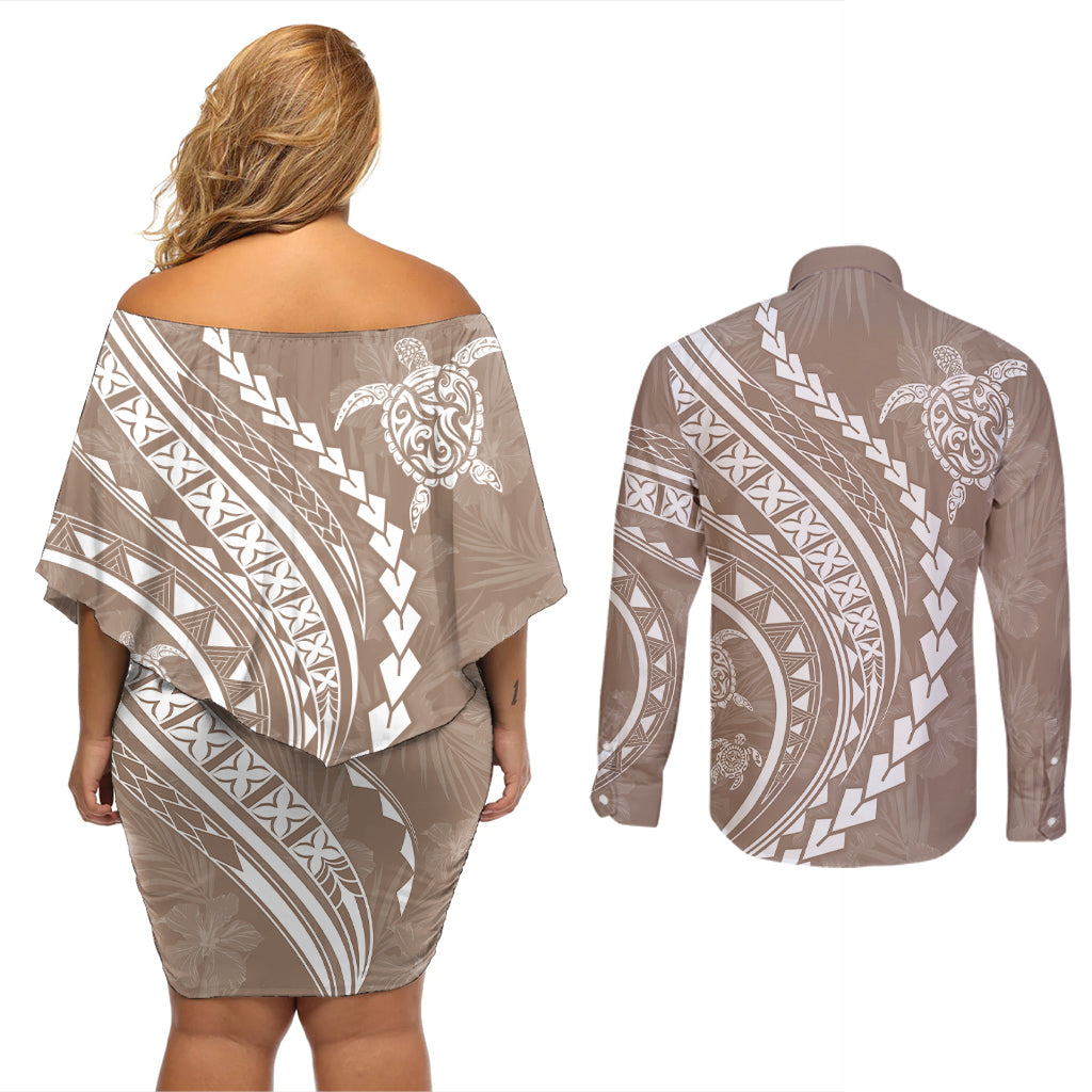 Polynesian Pride Couples Matching Off Shoulder Short Dress and Long Sleeve Button Shirts Turtle Hibiscus Luxury Style - Beige LT7 - Wonder Print Shop