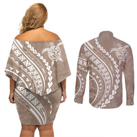 Polynesian Pride Couples Matching Off Shoulder Short Dress and Long Sleeve Button Shirts Turtle Hibiscus Luxury Style - Beige LT7 - Wonder Print Shop