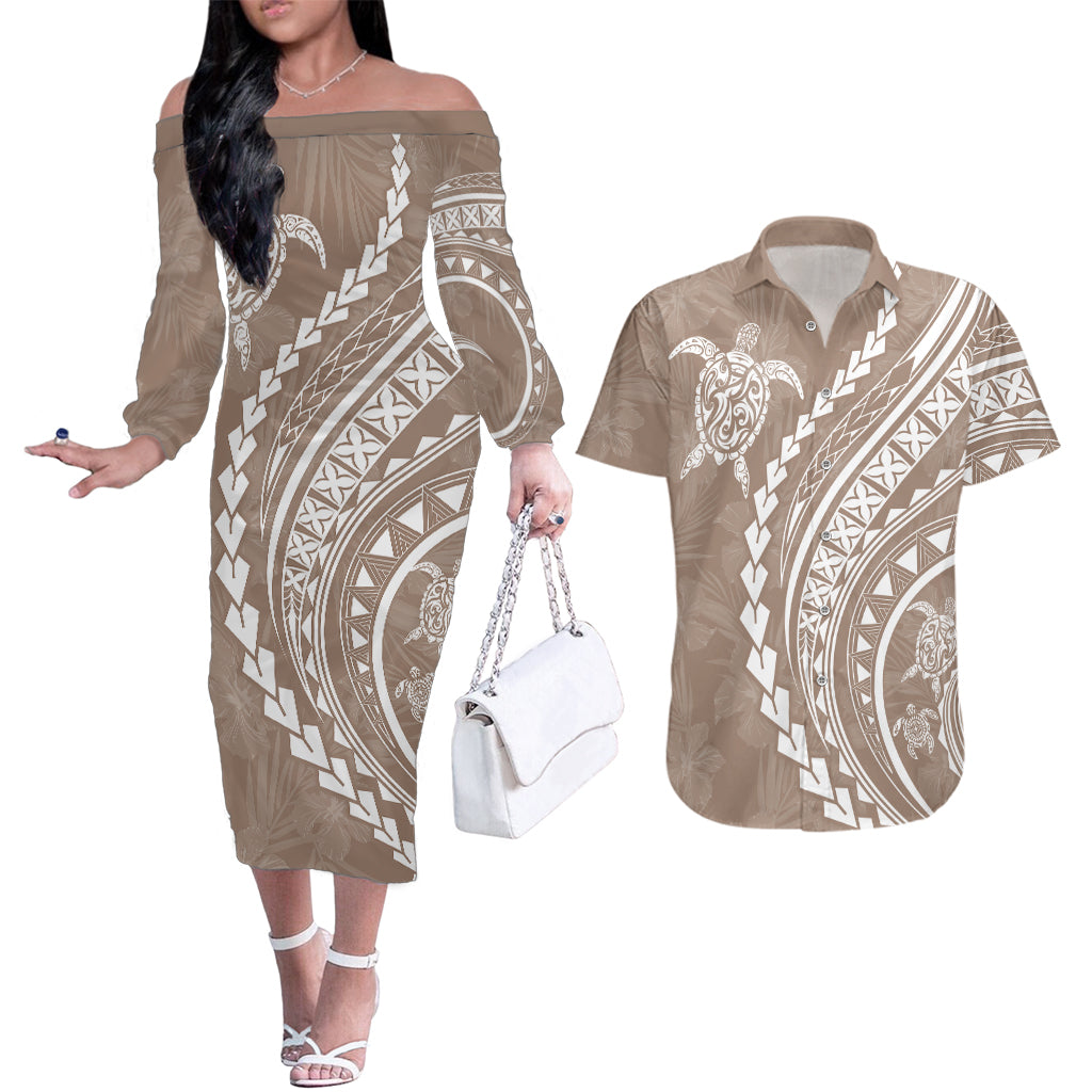 Polynesian Pride Couples Matching Off The Shoulder Long Sleeve Dress and Hawaiian Shirt Turtle Hibiscus Luxury Style - Beige LT7 - Wonder Print Shop