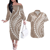 Polynesian Pride Couples Matching Off The Shoulder Long Sleeve Dress and Hawaiian Shirt Turtle Hibiscus Luxury Style - Beige LT7 - Wonder Print Shop