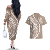 Polynesian Pride Couples Matching Off The Shoulder Long Sleeve Dress and Hawaiian Shirt Turtle Hibiscus Luxury Style - Beige LT7 - Wonder Print Shop