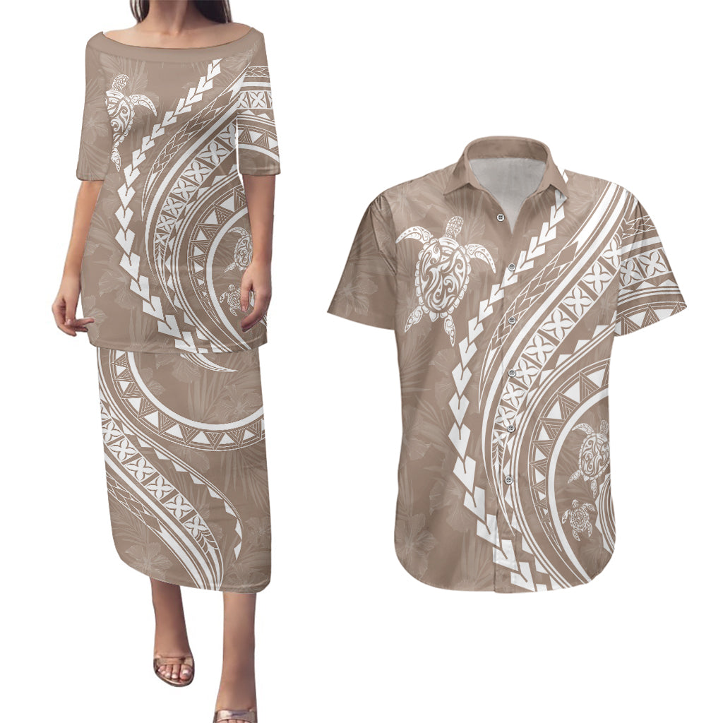Polynesian Pride Couples Matching Puletasi Dress and Hawaiian Shirt Turtle Hibiscus Luxury Style - Beige LT7 - Wonder Print Shop