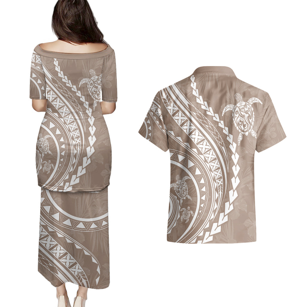 Polynesian Pride Couples Matching Puletasi Dress and Hawaiian Shirt Turtle Hibiscus Luxury Style - Beige LT7 - Wonder Print Shop