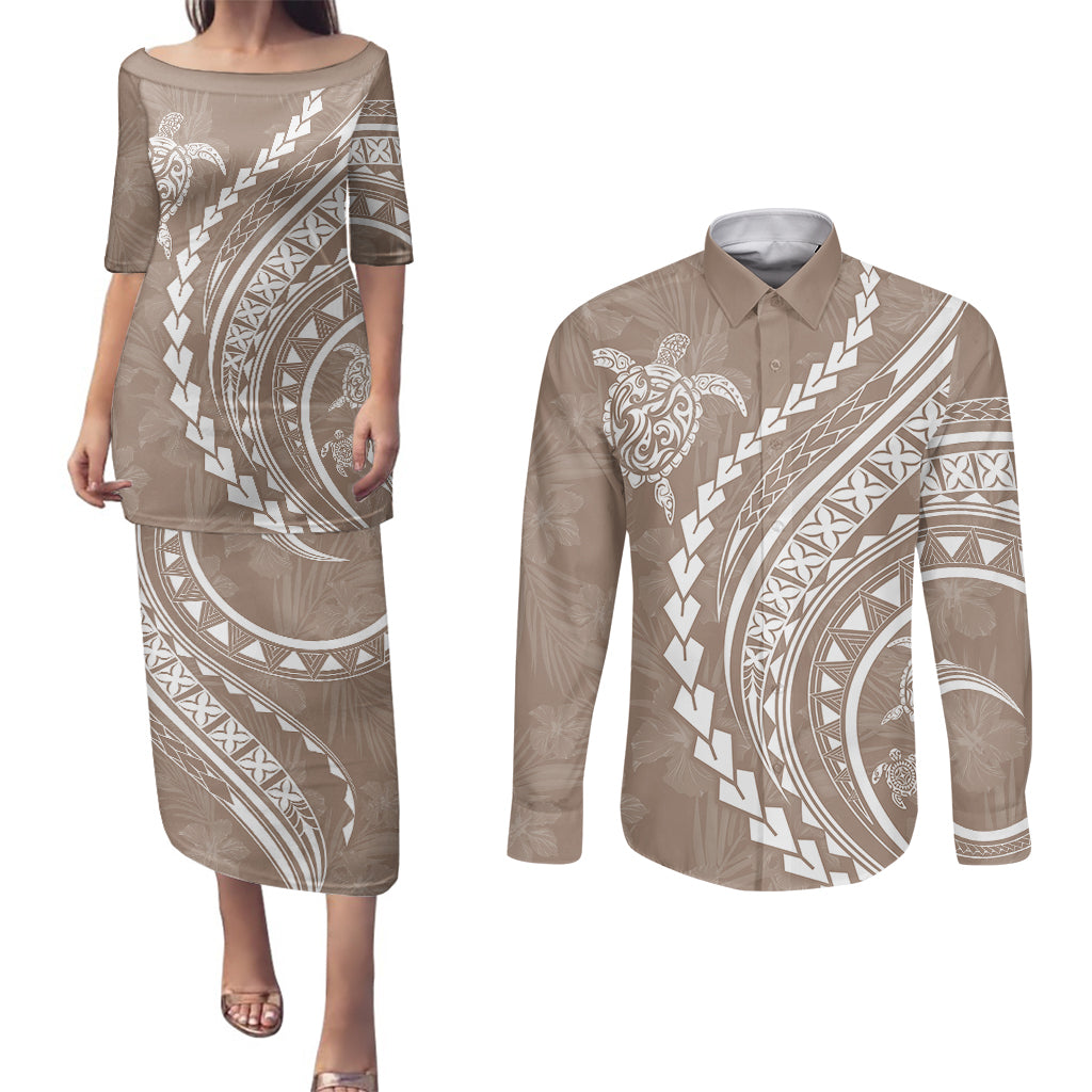 Polynesian Pride Couples Matching Puletasi Dress and Long Sleeve Button Shirts Turtle Hibiscus Luxury Style - Beige LT7 - Wonder Print Shop