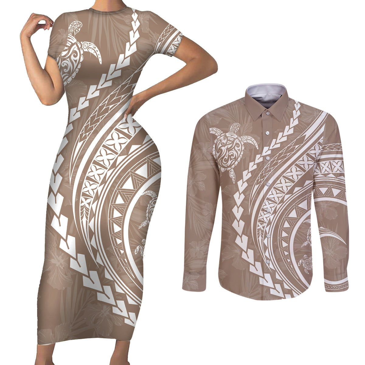 Polynesian Pride Couples Matching Short Sleeve Bodycon Dress and Long Sleeve Button Shirts Turtle Hibiscus Luxury Style - Beige LT7 - Wonder Print Shop