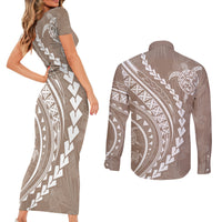 Polynesian Pride Couples Matching Short Sleeve Bodycon Dress and Long Sleeve Button Shirts Turtle Hibiscus Luxury Style - Beige LT7 - Wonder Print Shop