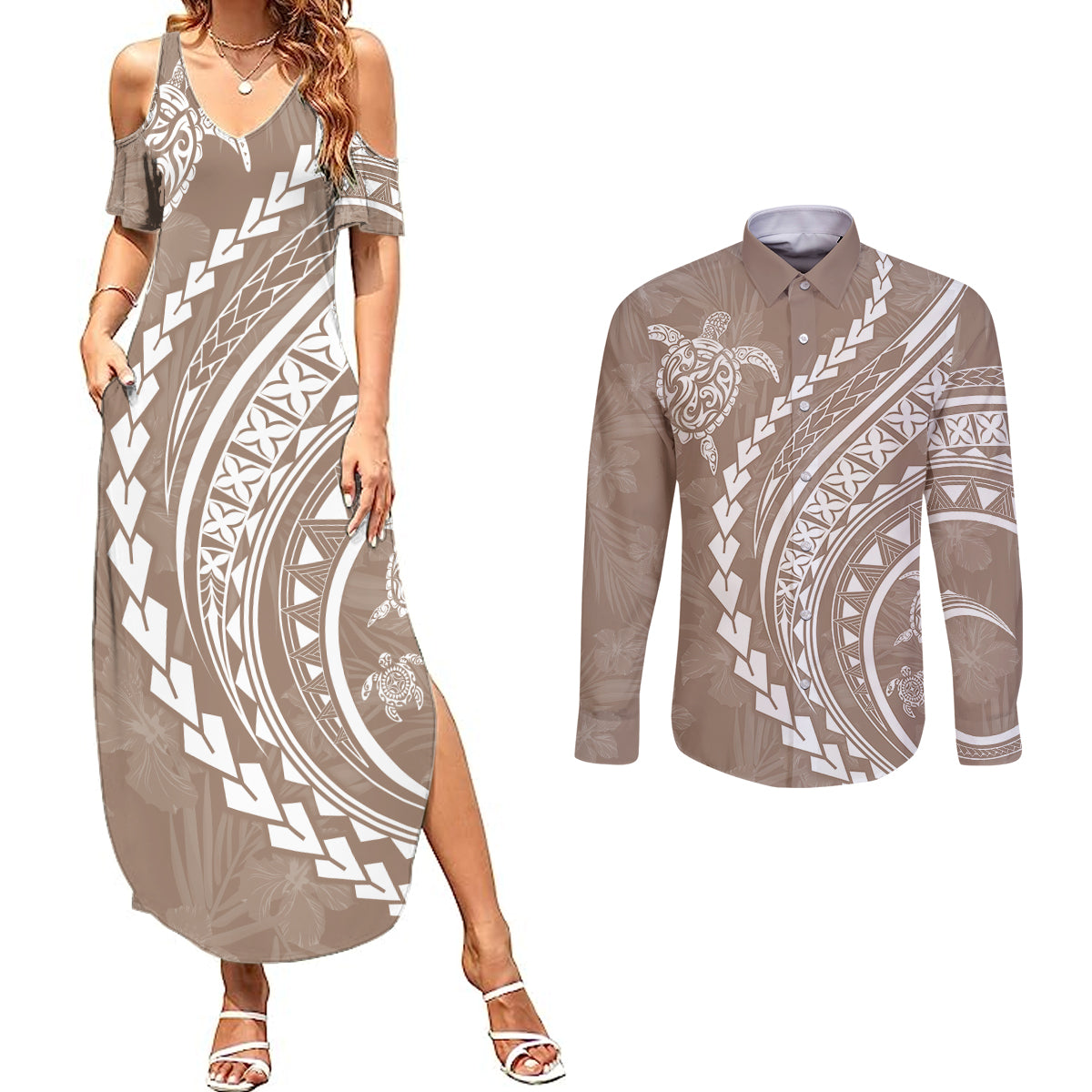 Polynesian Pride Couples Matching Summer Maxi Dress and Long Sleeve Button Shirts Turtle Hibiscus Luxury Style - Beige LT7 - Wonder Print Shop