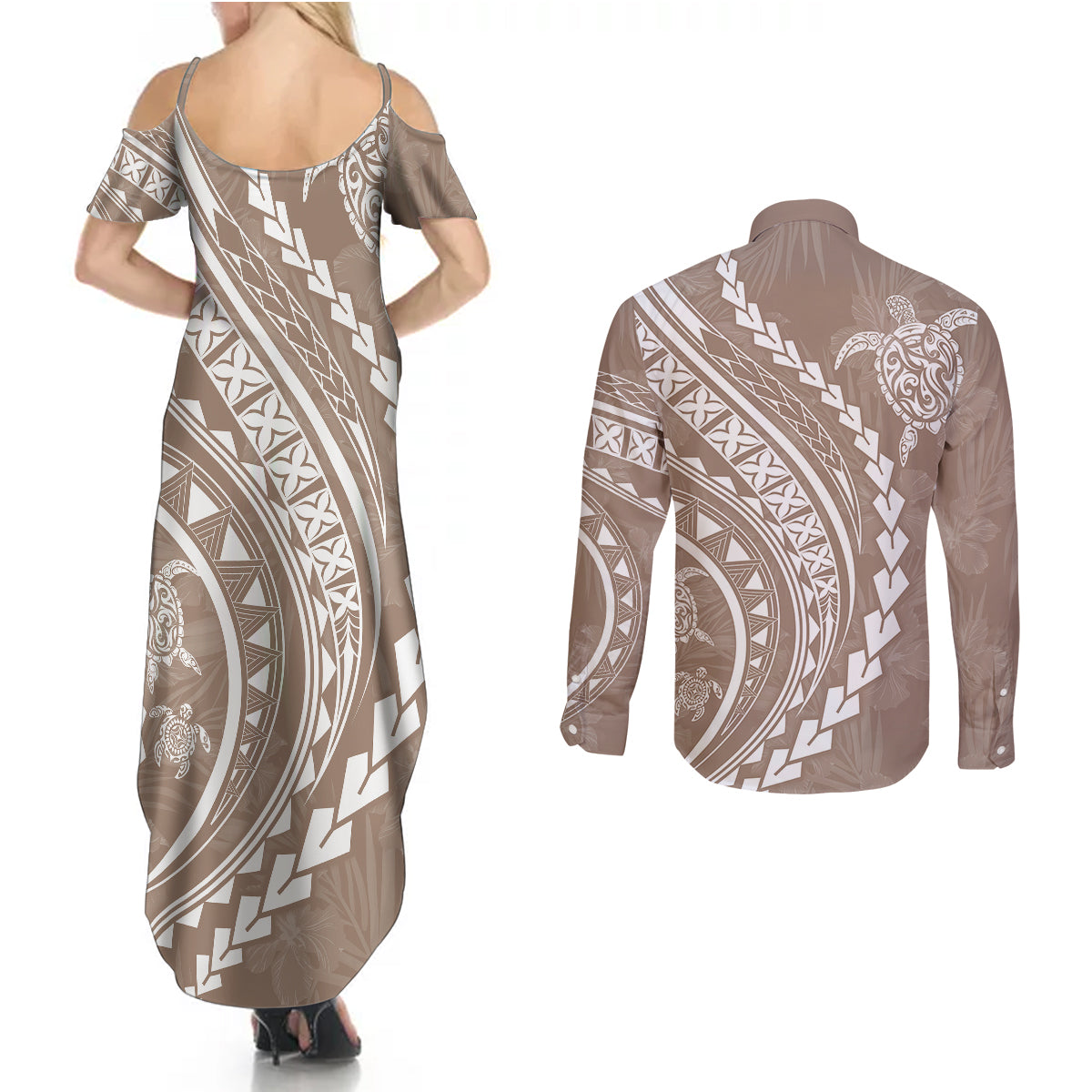 Polynesian Pride Couples Matching Summer Maxi Dress and Long Sleeve Button Shirts Turtle Hibiscus Luxury Style - Beige LT7 - Wonder Print Shop