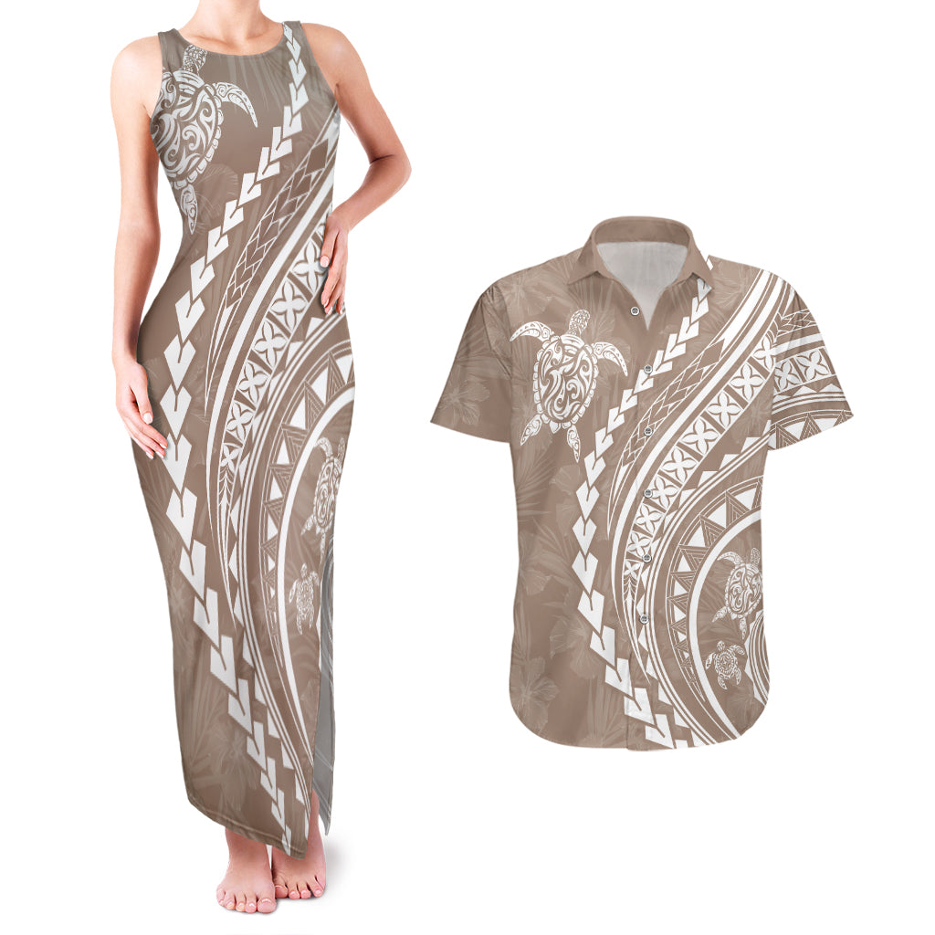 Polynesian Pride Couples Matching Tank Maxi Dress and Hawaiian Shirt Turtle Hibiscus Luxury Style - Beige LT7 - Wonder Print Shop
