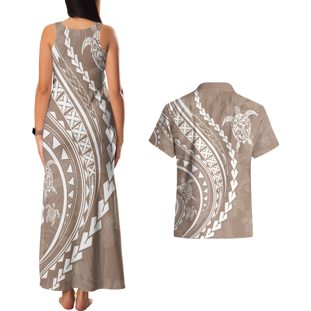 Polynesian Pride Couples Matching Tank Maxi Dress and Hawaiian Shirt Turtle Hibiscus Luxury Style - Beige LT7 - Wonder Print Shop