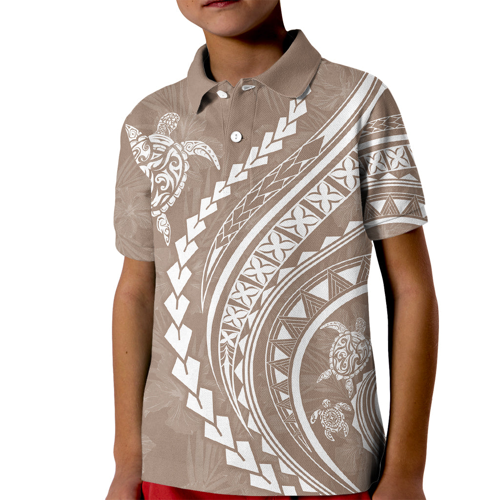 Polynesian Pride Kid Polo Shirt Turtle Hibiscus Luxury Style - Beige - Wonder Print Shop