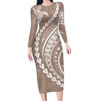 Polynesian Pride Long Sleeve Bodycon Dress Turtle Hibiscus Luxury Style - Beige - Wonder Print Shop